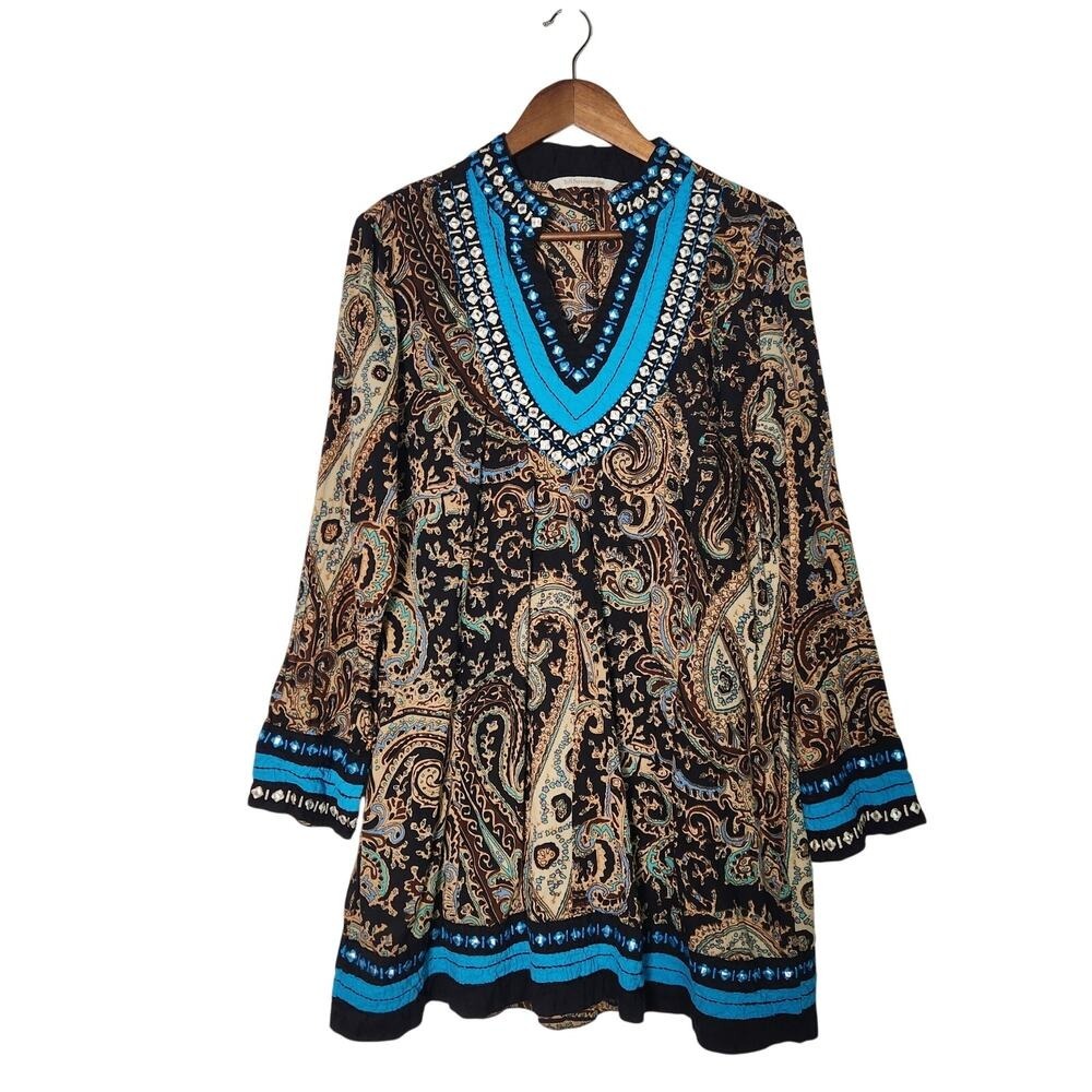 Soft Surroundings Aubrey Tunic Sz L Paisley Brown Blue Embellished Cotton Boho